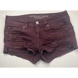 American Eagle Shorts Y2K Distress Ripped Low Rise Shortie‎ Maroon Purple 6 Boho